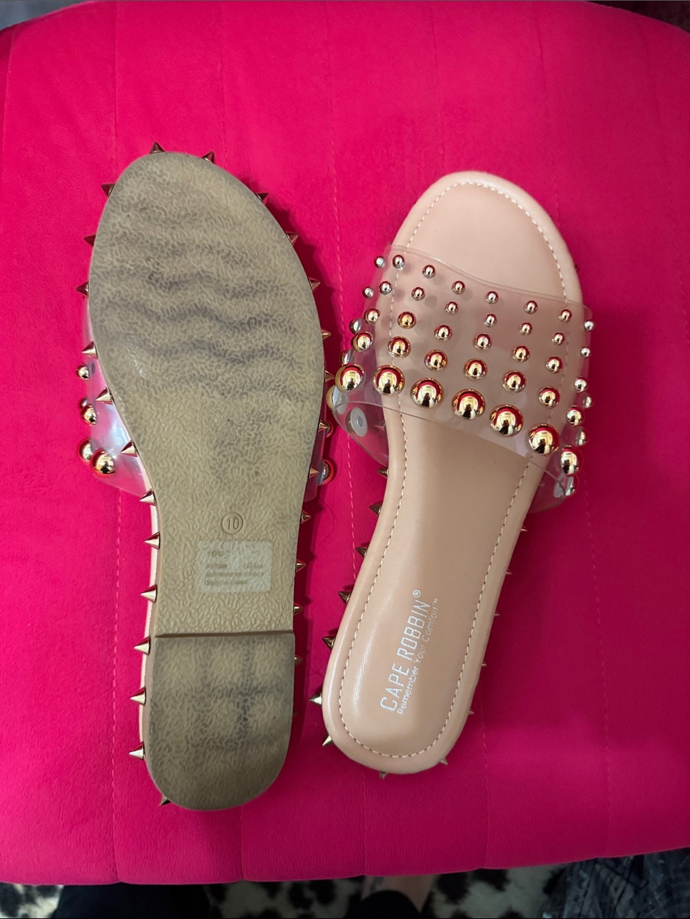 Cape Robbin Gold pointed Studded Clear Sandals- sz 10
